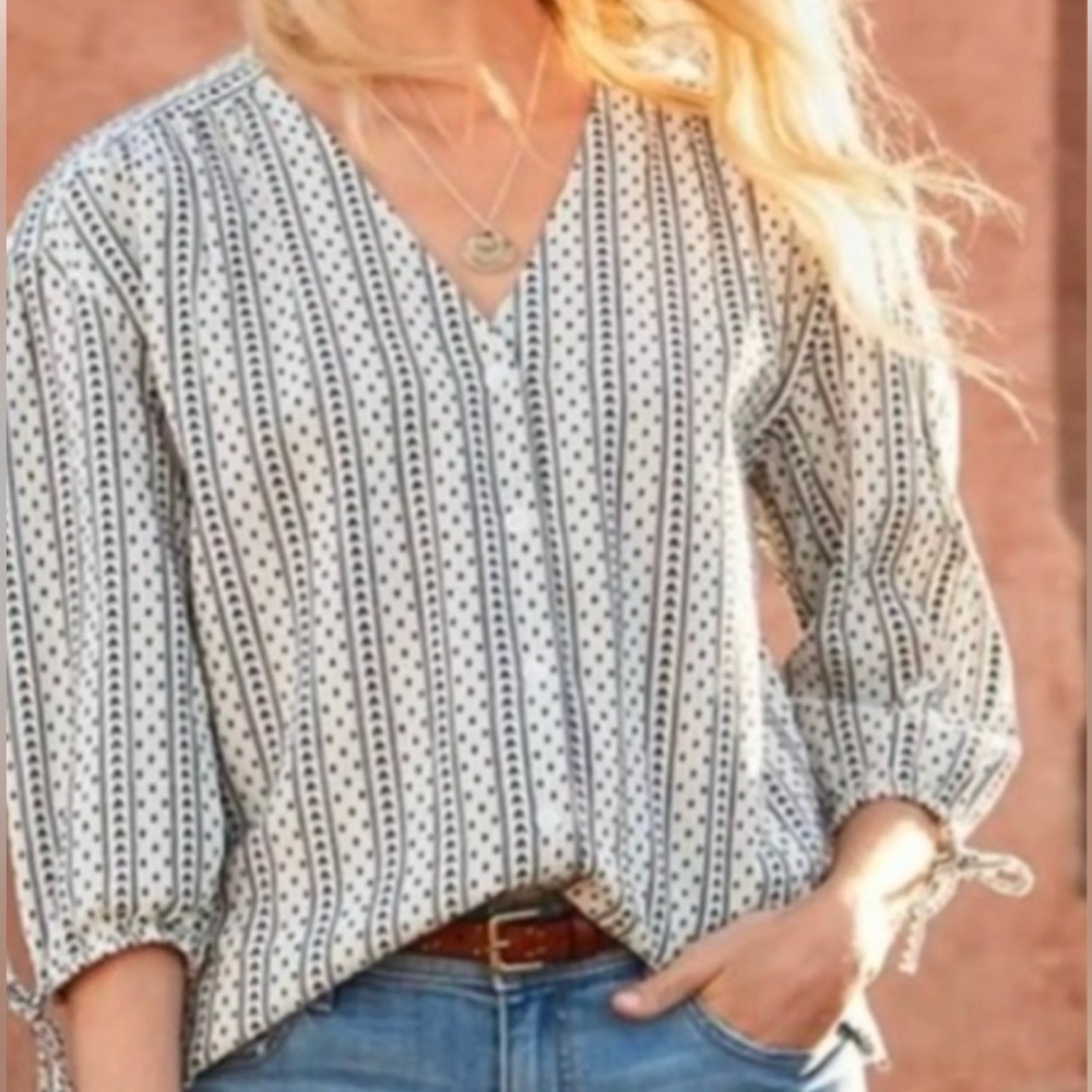 Garnet Hill Organic Cotton Boho Blouse Size 18 Black White Tie Sleeve Top